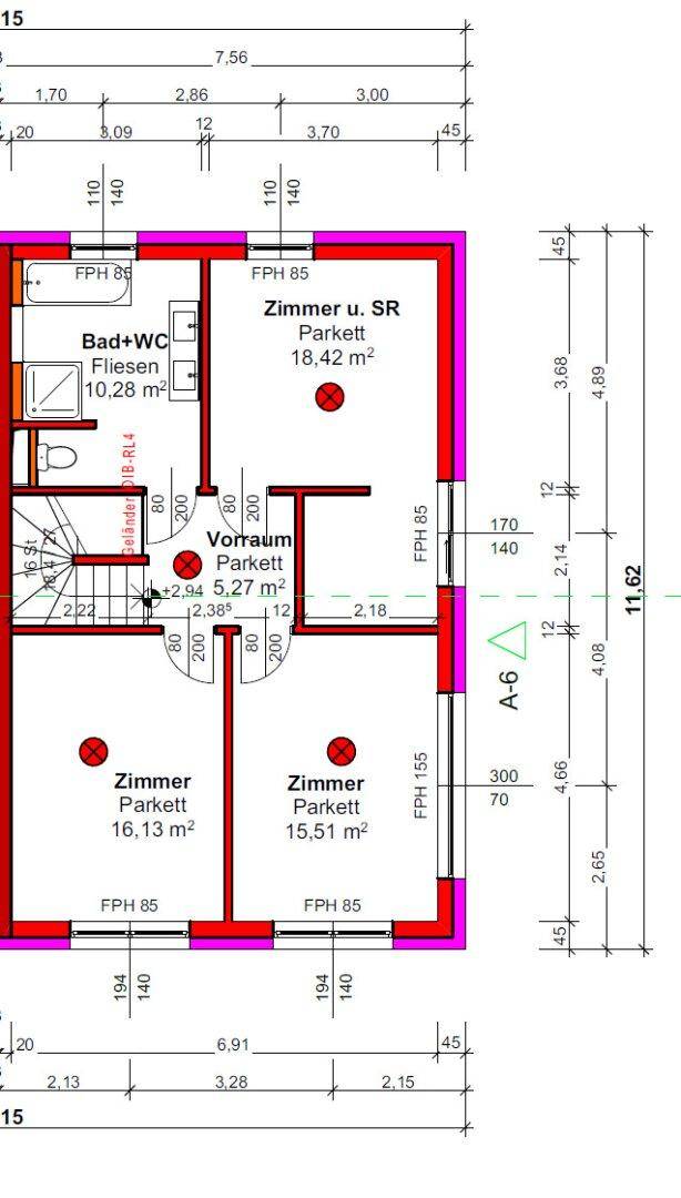 Grundriss des Obergeschosses mit Schlafzimmern, Badezimmer und separatem WC.