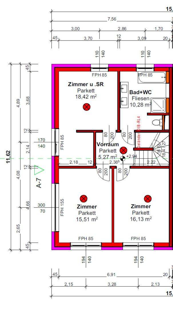 Grundriss des Obergeschosses mit drei Schlafzimmern, einem Badezimmer und separatem WC.