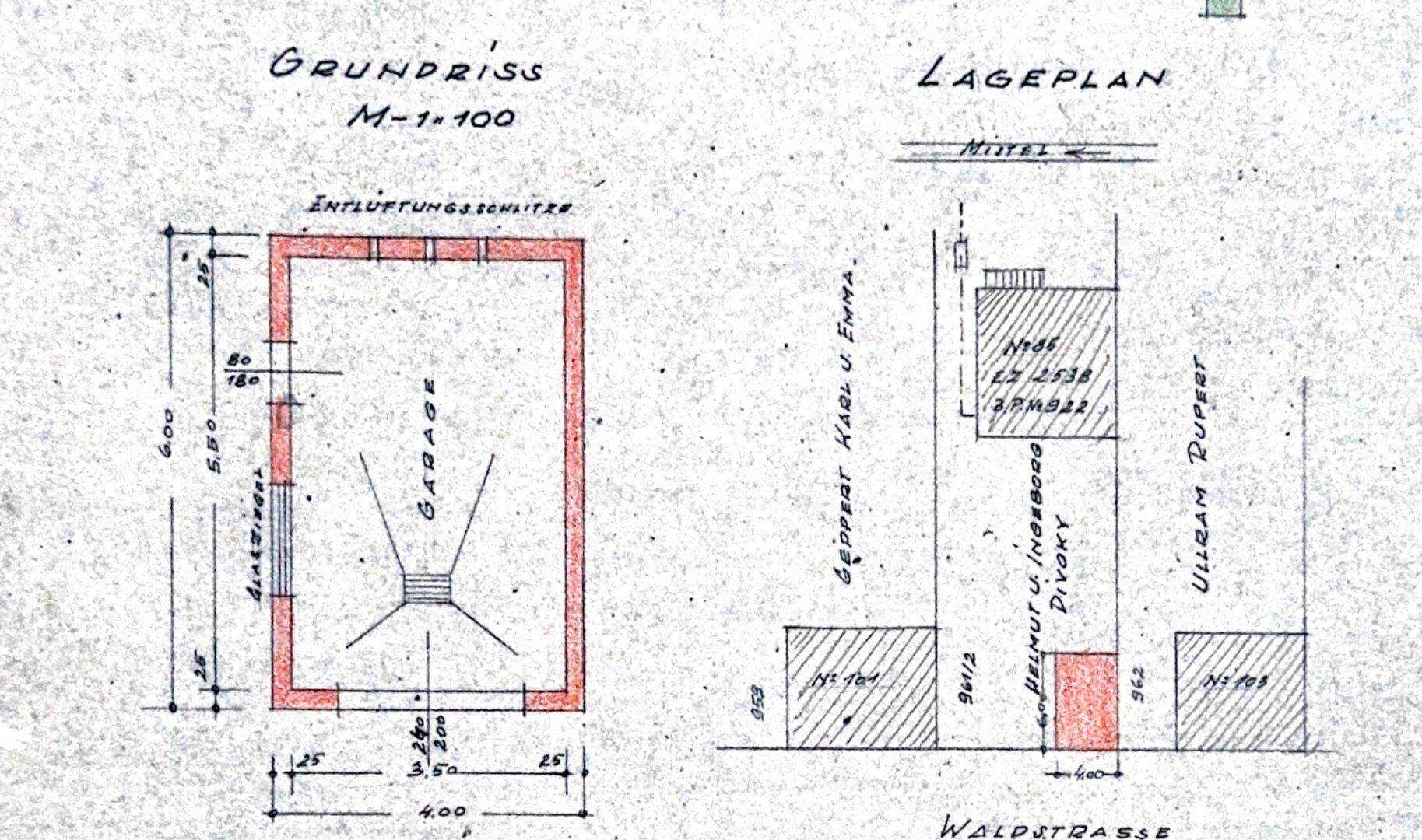 Grundriss einer Garage und Lageplan des Grundstücks mit angrenzenden Parzellen und Straße.