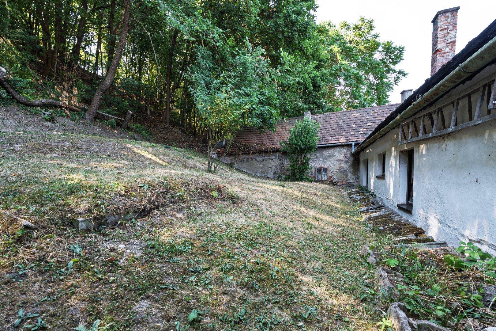 Großer Gartenbereich mit Hanglage und altem Nebengebäude, umgeben von Bäumen.