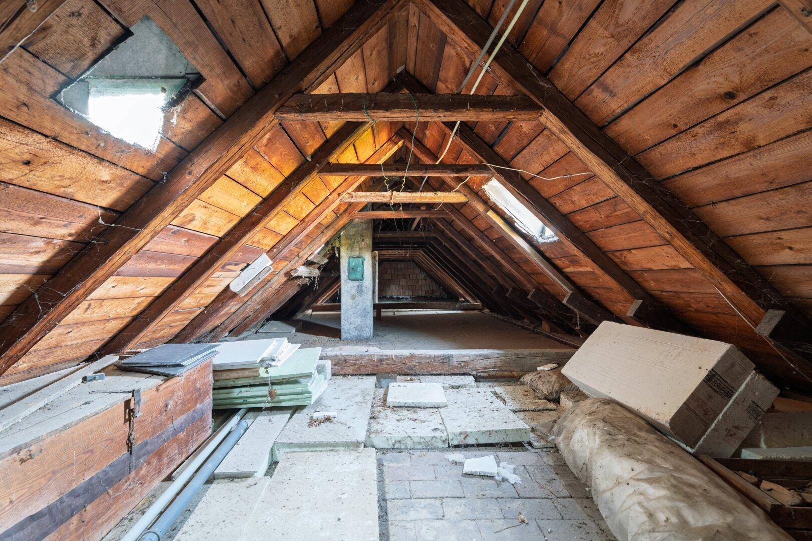 Geräumiger Dachboden mit sichtbaren Holzbalken und Dachfenstern, bietet Ausbaupotenzial.