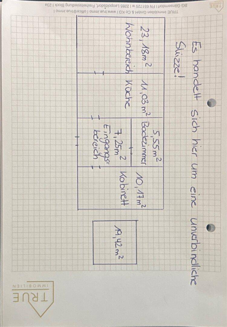 Unverbindliche Skizze eines Grundrisses mit Raumbezeichnungen und Flächenangaben.