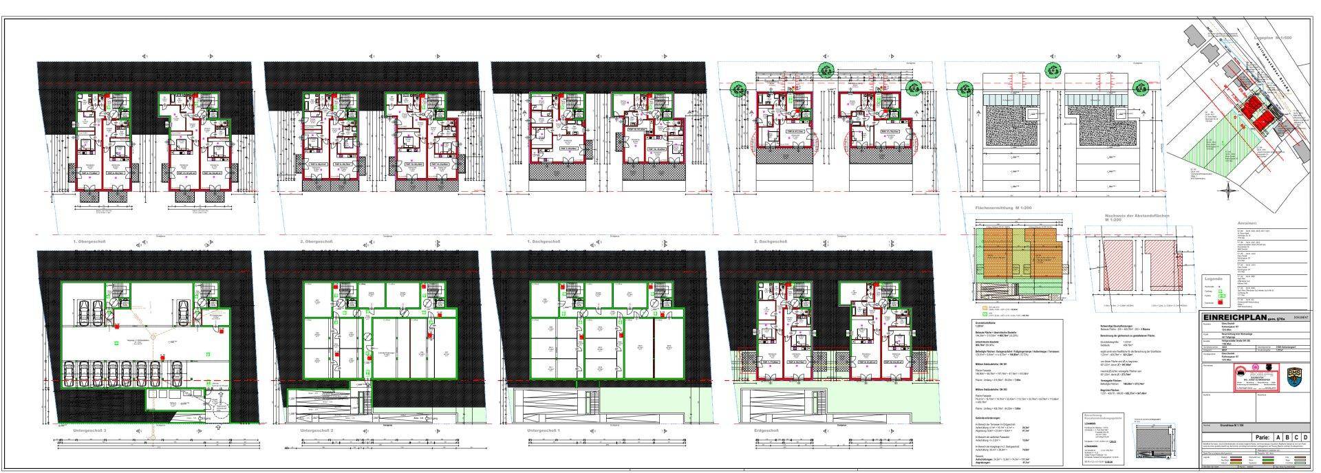 Detaillierter Grundrissplan mit verschiedenen Etagenlayouts und einem Lageplan des Gebäudes.