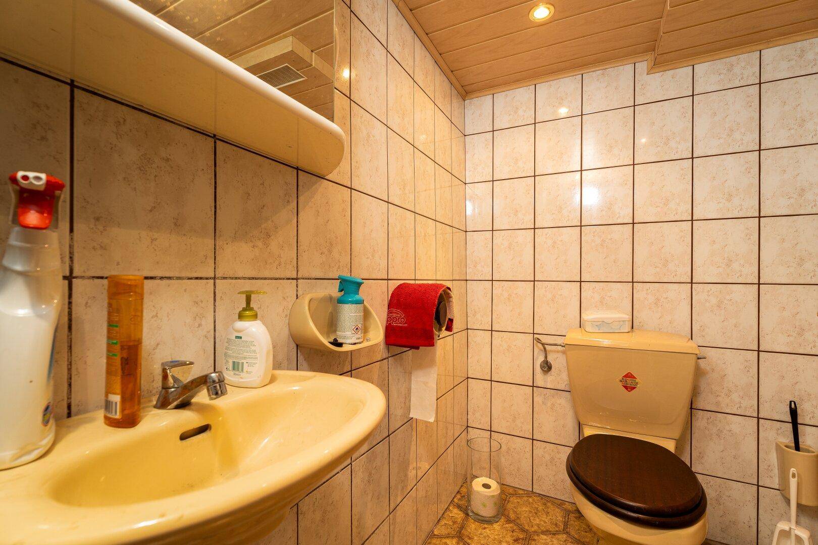 Badezimmer mit Toilette, Waschbecken und hellen Fliesen im Retro-Stil, funktional und sauber.