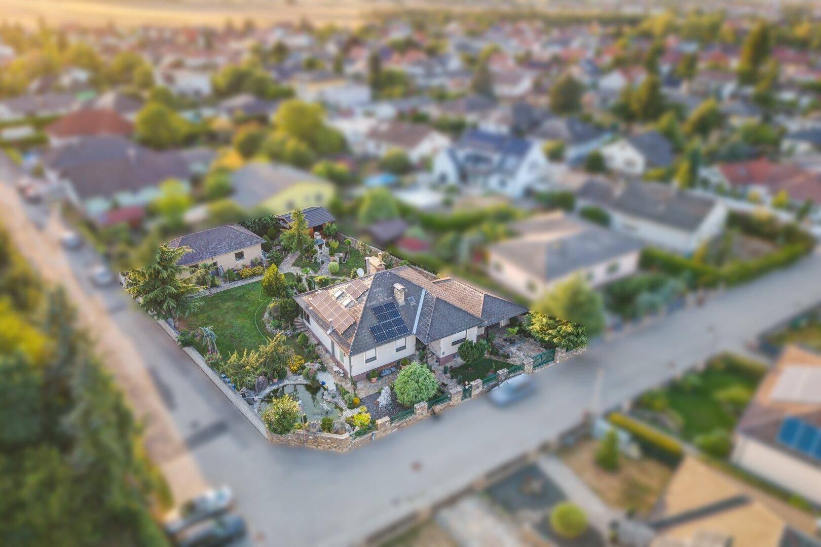 Luftaufnahme eines Hauses mit Garten und Photovoltaikanlage in einer ruhigen Wohnsiedlung.