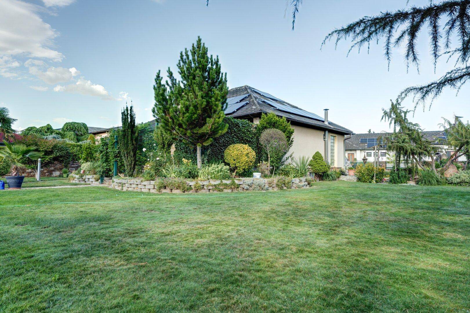 Große Rasenfläche im Garten mit gepflegten Beeten und Blick auf das Haus mit Photovoltaikanlage.
