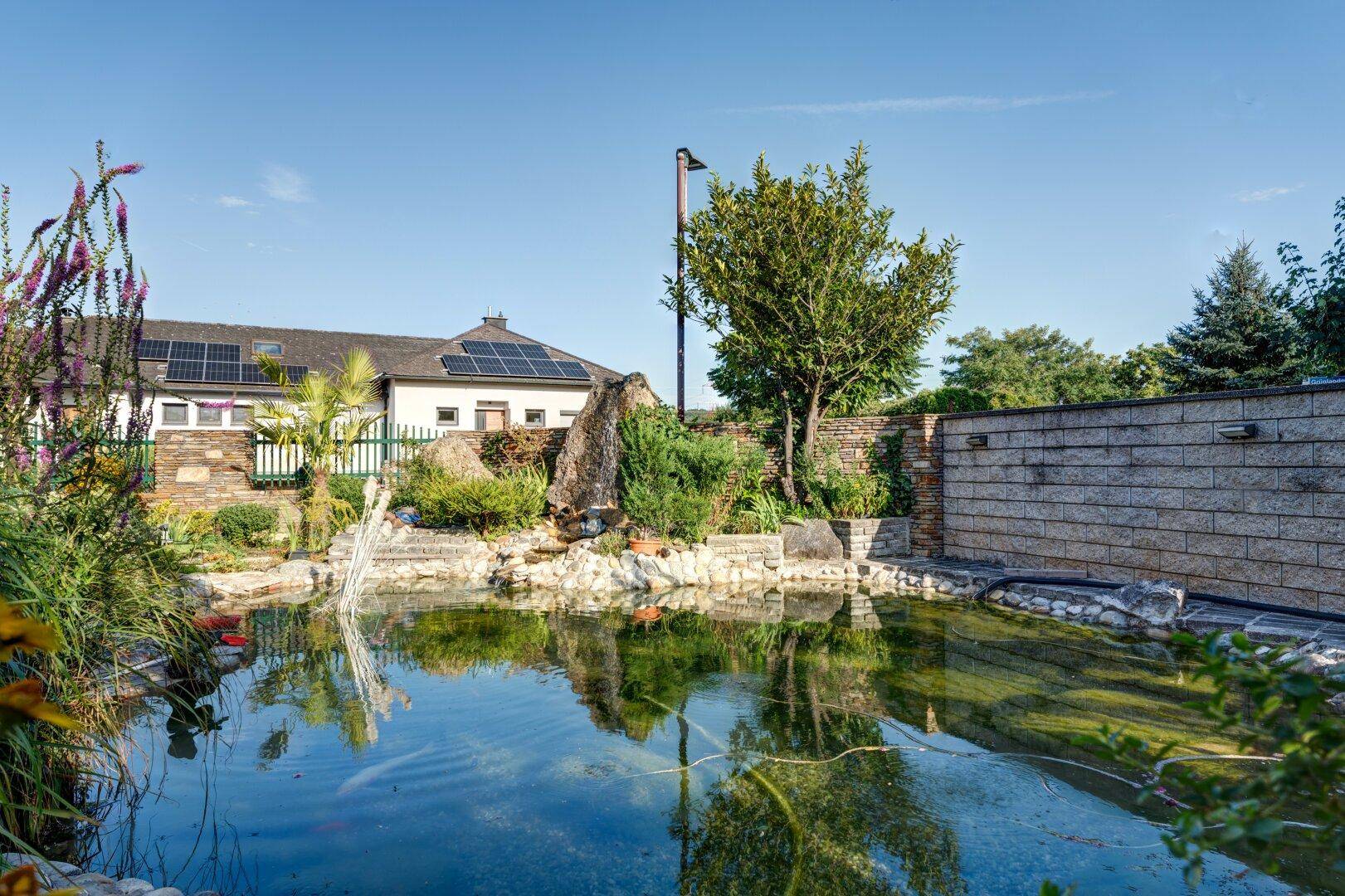 Großer Gartenteich mit Wasserfall und üppiger Bepflanzung vor dem Haus mit Photovoltaikanlage.