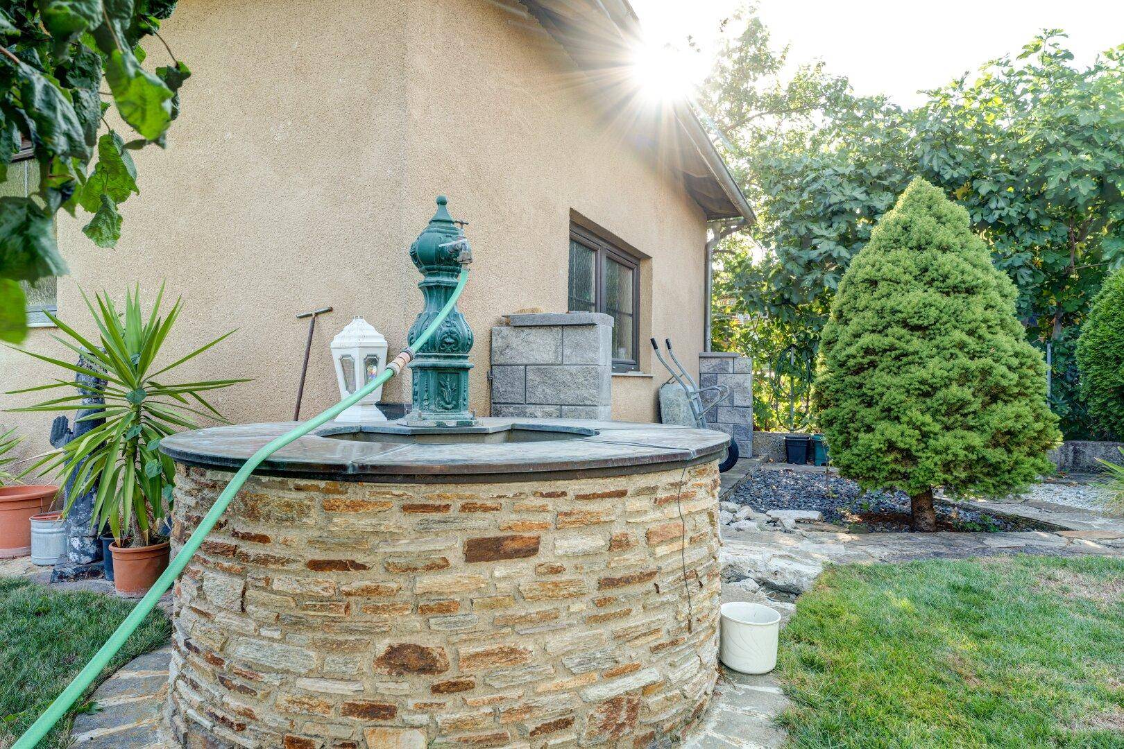 Dekorativer Brunnen aus Stein im Garten mit grüner Bepflanzung und Hausfassade im Hintergrund.