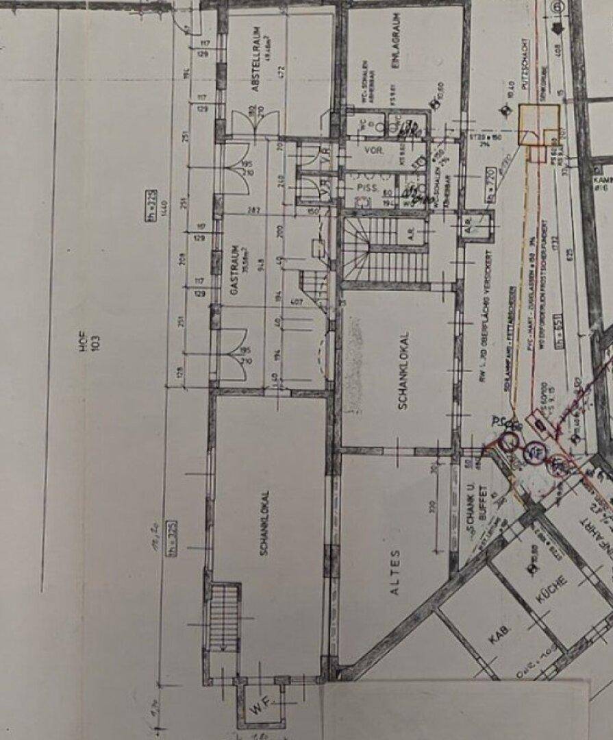 Detaillierter Grundriss des Erdgeschosses mit Schanklokal, Gastraum und weiteren Räumen.