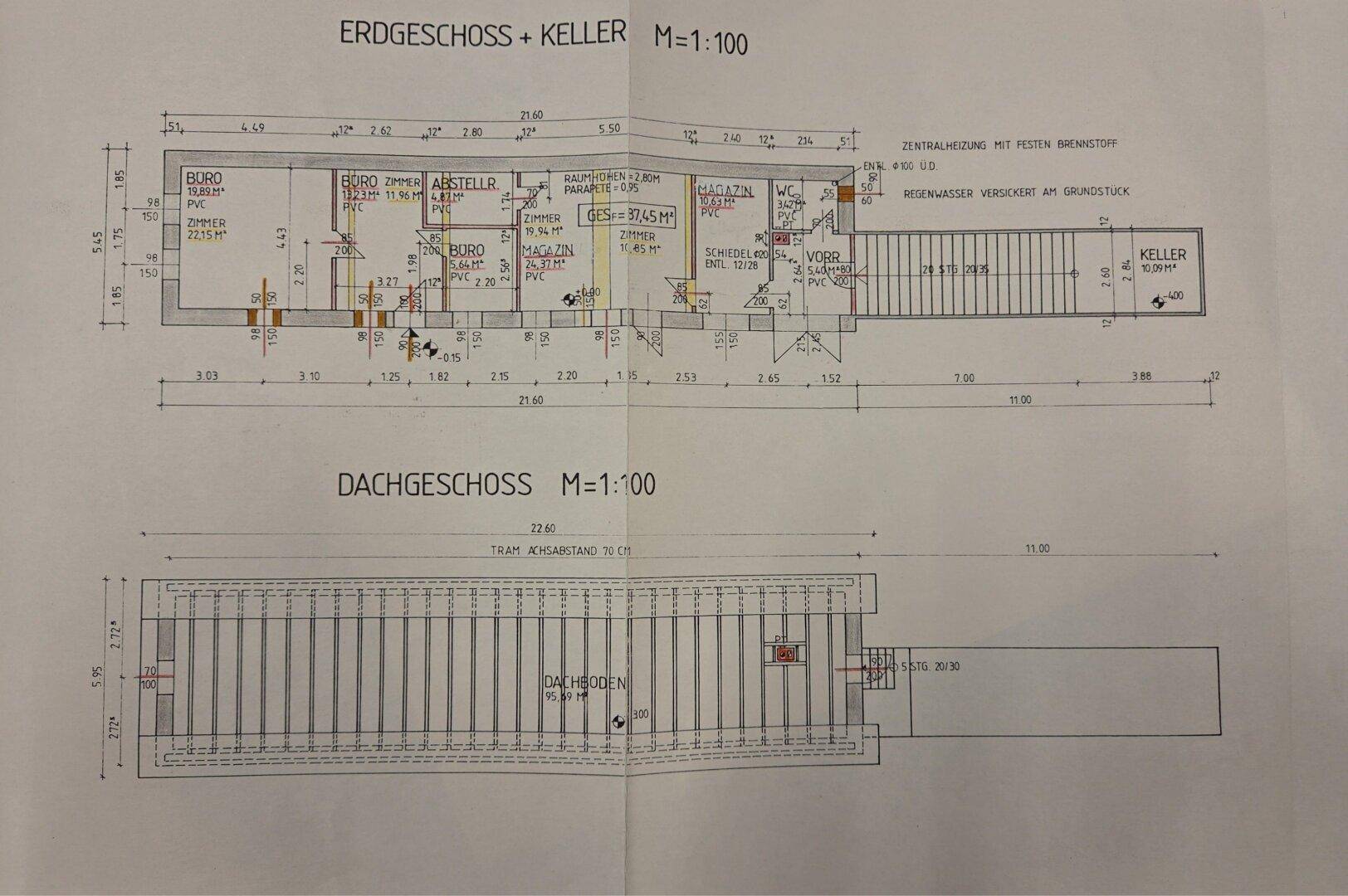 Grundrisspläne für Erdgeschoss, Keller und Dachgeschoss mit Raumaufteilung und Maßen.