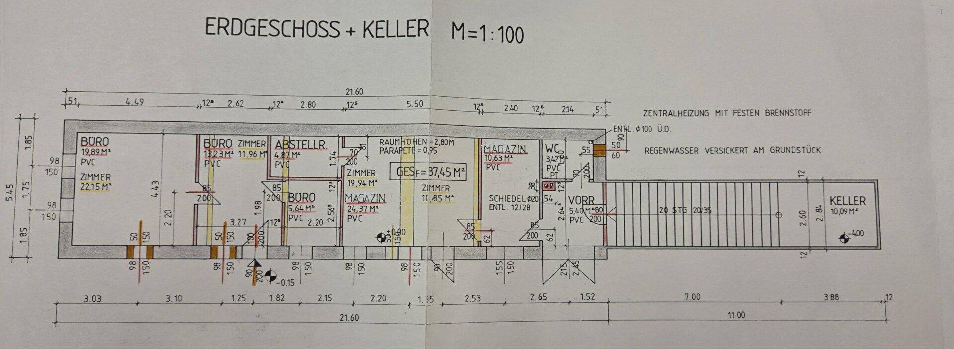 Detailansicht des Erdgeschoss- und Kellergrundrisses mit Raumbezeichnungen und Abmessungen.