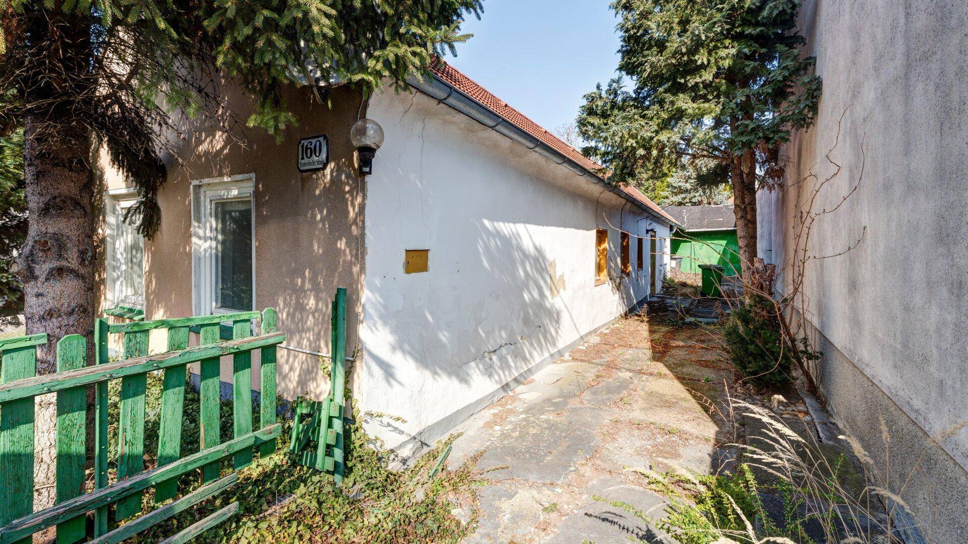 Seitenansicht des Hauses mit schmalem Zugangsweg und verwildertem Vorgartenbereich.