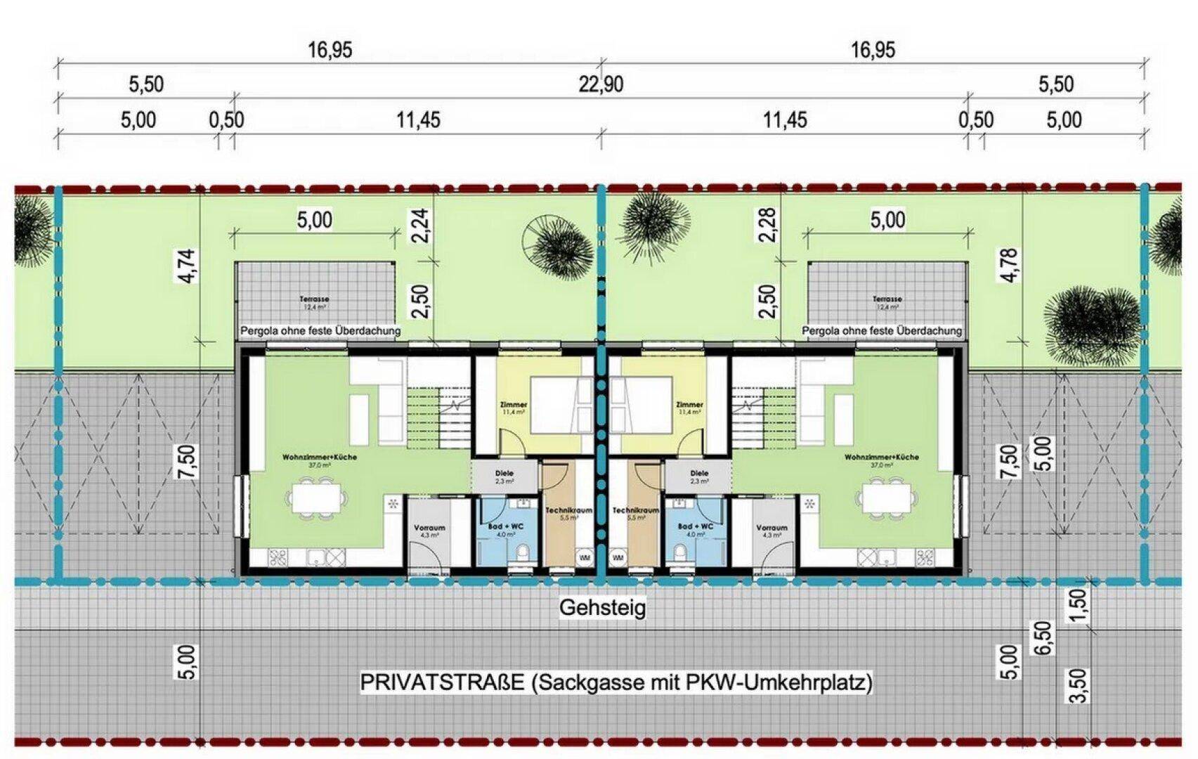 Grundriss des Erdgeschosses mit Wohnzimmer, Küche, Bad und Terrasse.