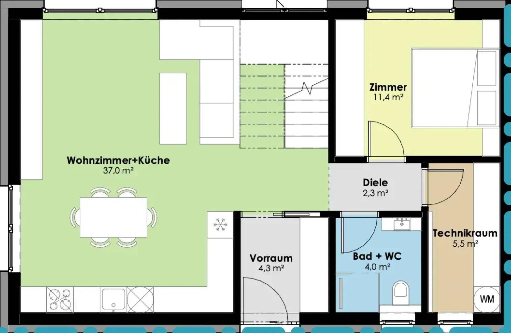 Grundriss des Erdgeschosses mit offenem Wohnbereich, Küche und Technikraum.