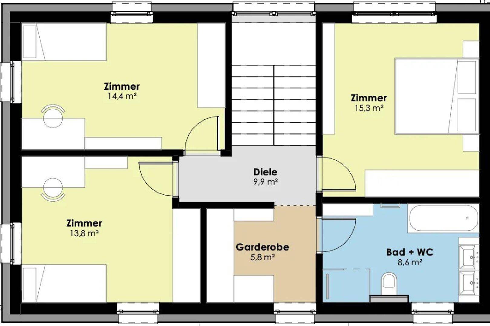 Grundriss des Obergeschosses mit drei Schlafzimmern, Bad und Garderobe.