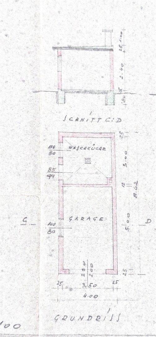 Handgezeichneter Grundriss der Garage und Waschküche mit einem Schnittplan.