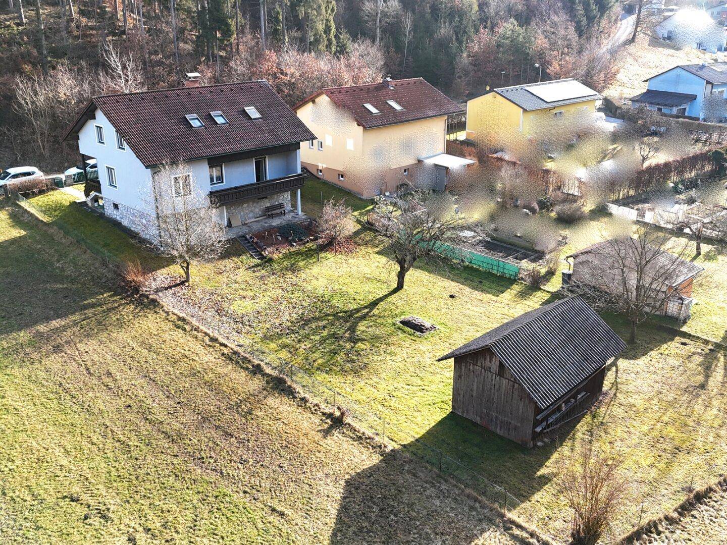 Luftaufnahme des Hauses mit umliegenden Gärten und Wald im Hintergrund.