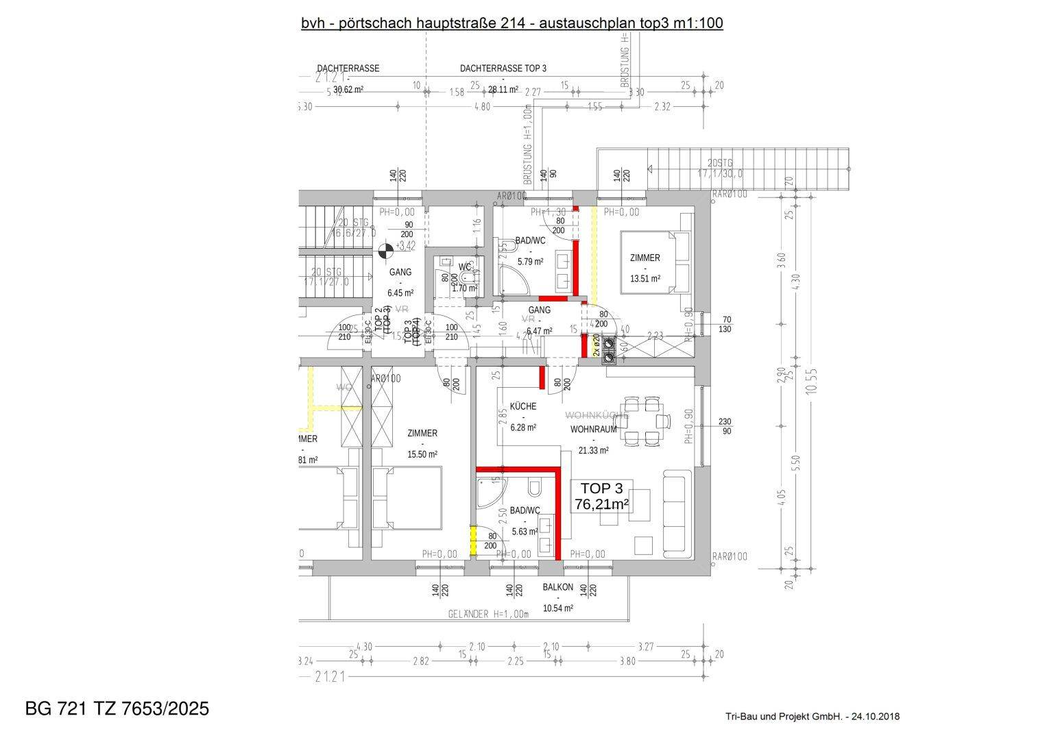 Grundrissplan einer Wohnung mit 76,21 m² Wohnfläche, Balkon und Dachterrasse.