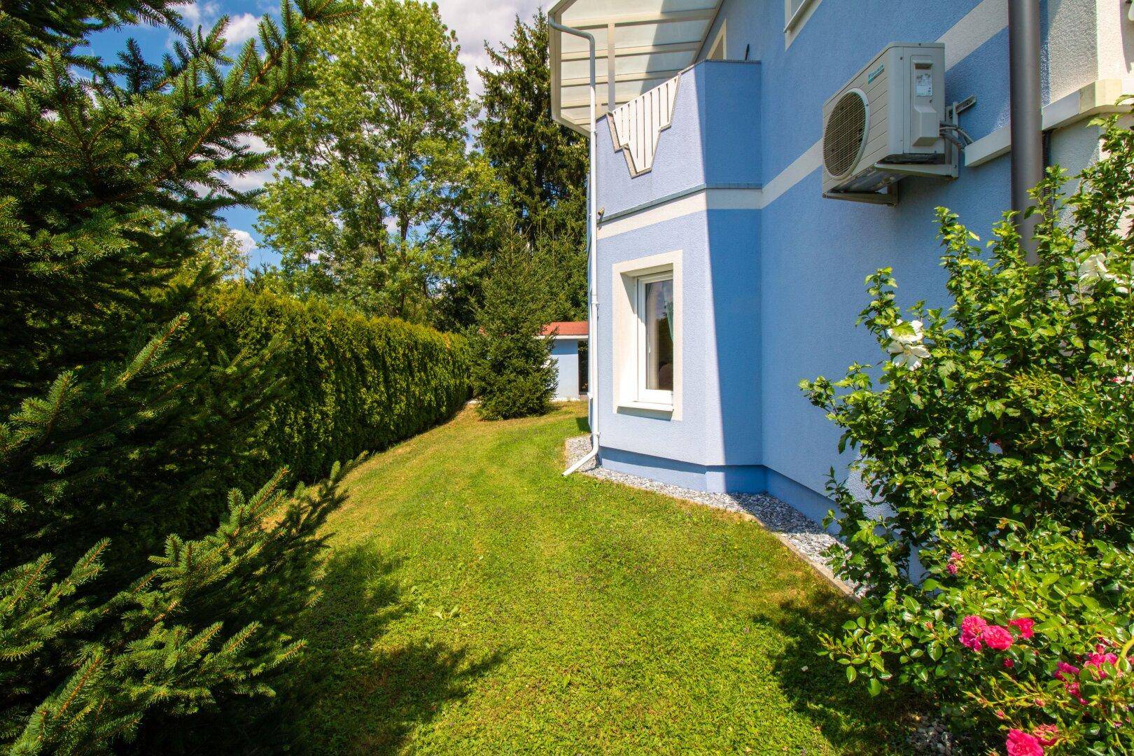 Gepflegter Gartenbereich entlang der Hausseite mit hoher Hecke.