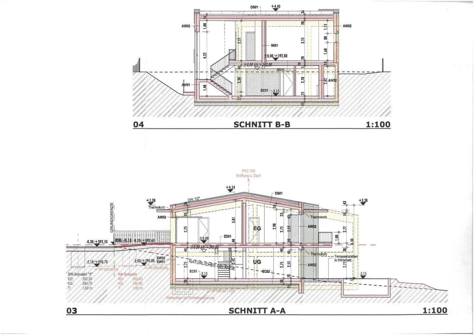 Architektonische Schnitte des Gebäudes, die die vertikale Struktur und die verschiedenen Ebenen zeigen.