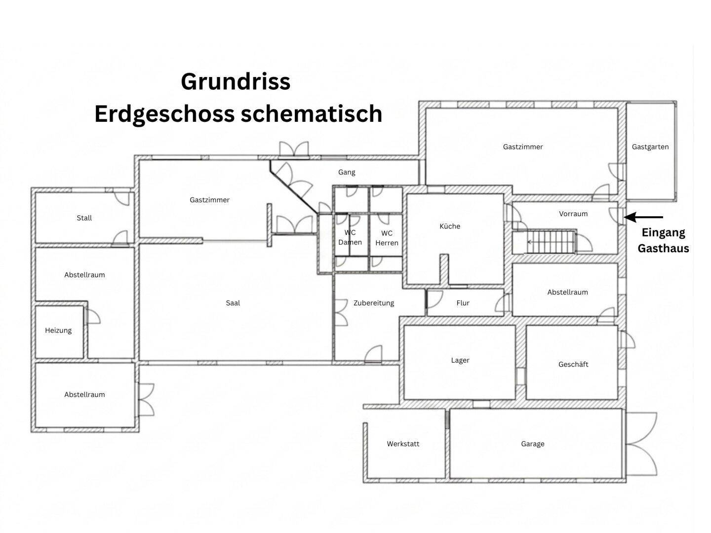 Schematischer Grundriss des Erdgeschosses mit Gastzimmern, Küche und WC-Bereichen.