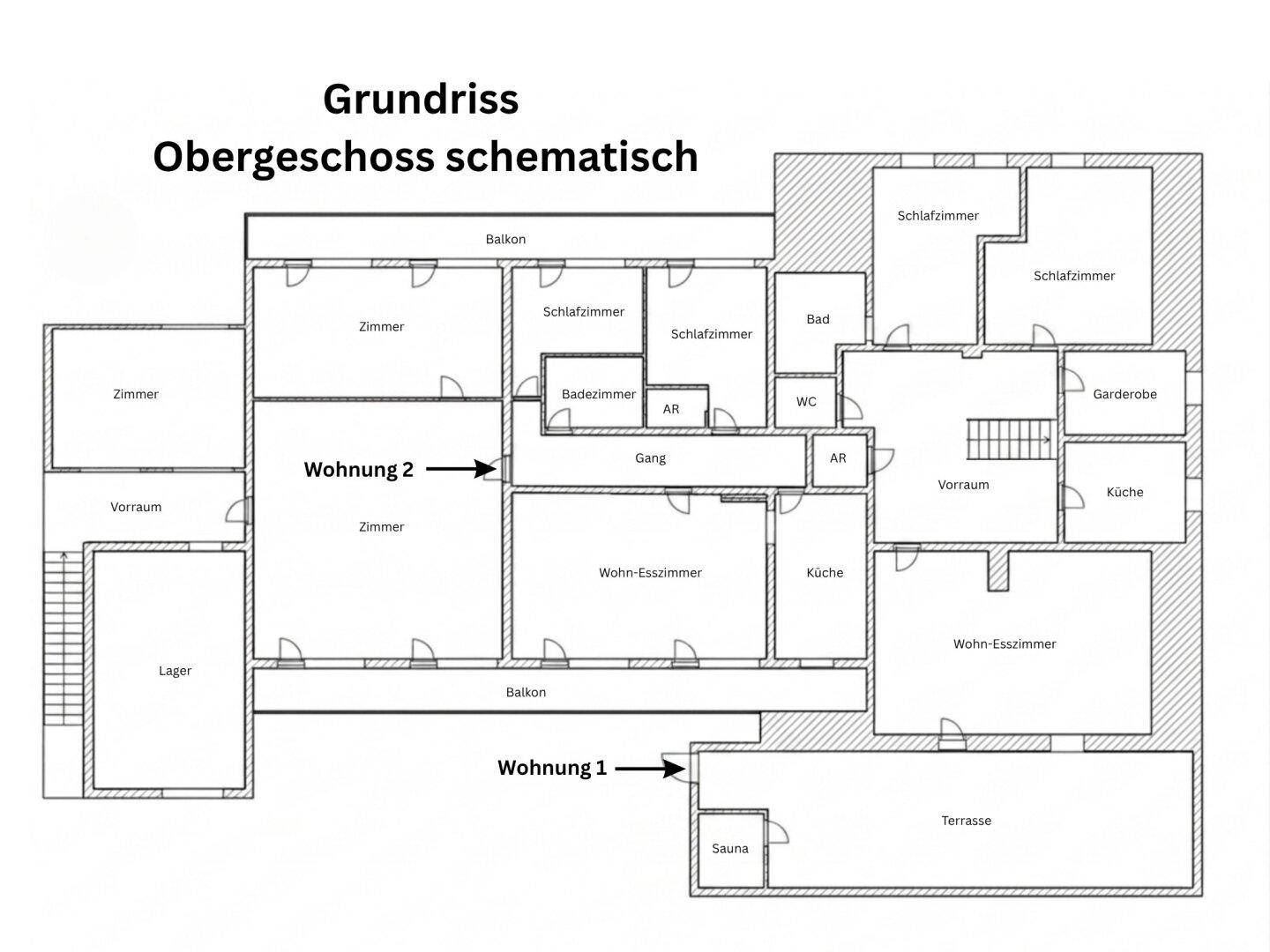 Schematischer Grundriss des Obergeschosses mit zwei Wohnungen, Schlafzimmern und Balkonen.