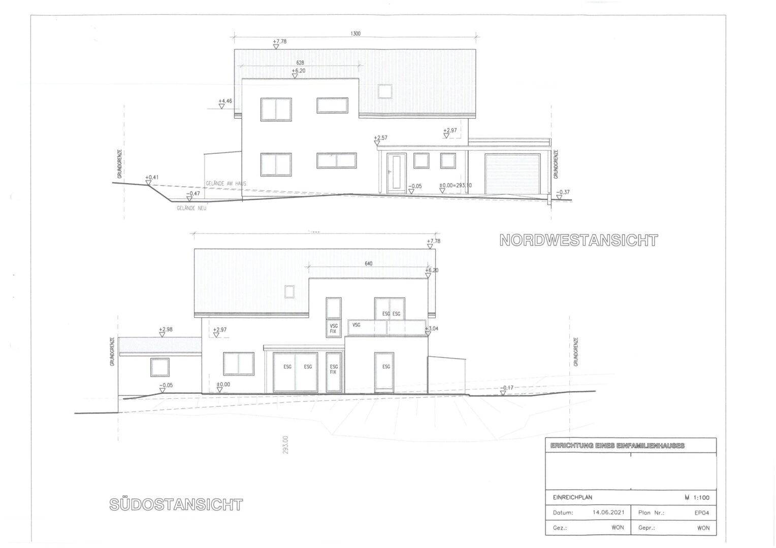 Nordwest- und Südostansicht des Einfamilienhauses mit Fenstern und Garagenzugang.