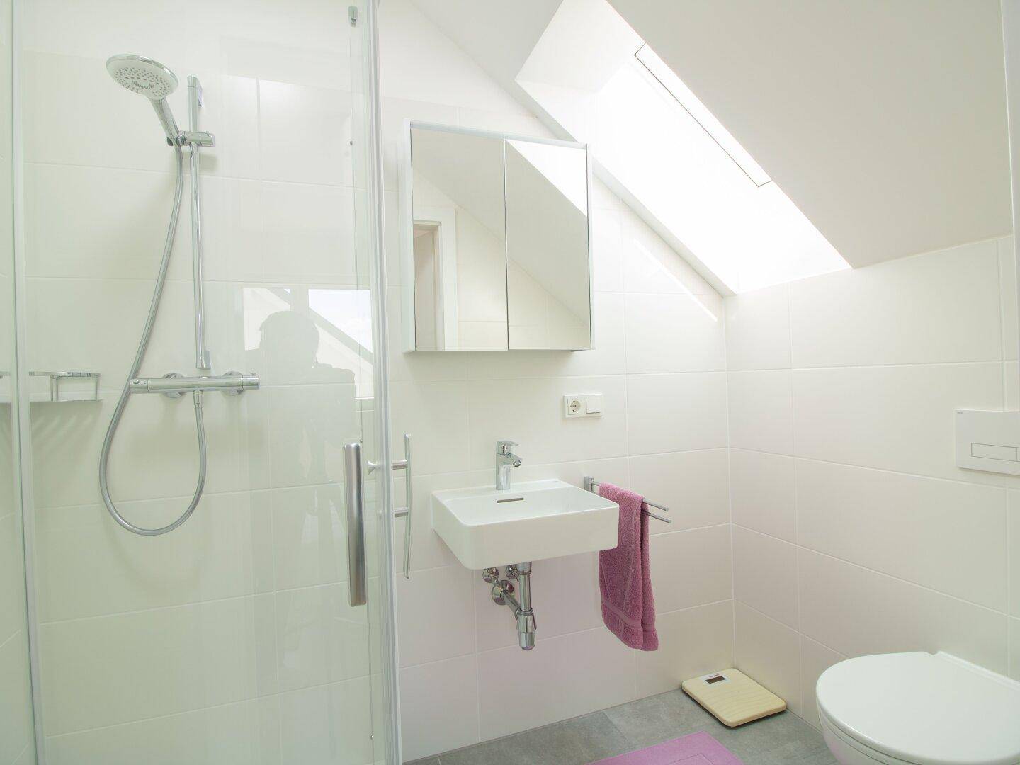 Modernes Badezimmer im Dachgeschoss mit Dusche, Waschbecken, WC und natürlichem Licht durch ein Dachfenster.