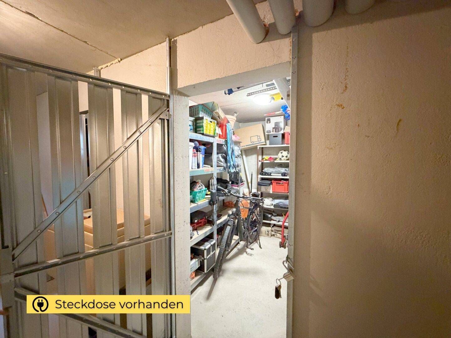 Geräumiger Abstellraum im Keller mit Regalen, Fahrrad und viel Platz für persönliche Gegenstände.