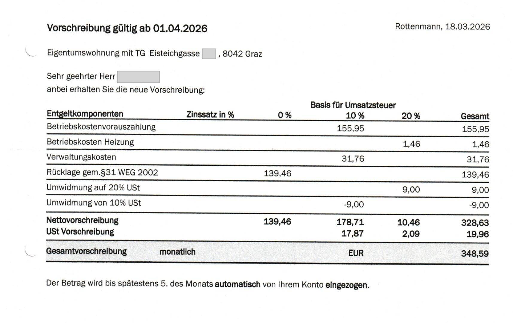 Monatliche Vorschreibung