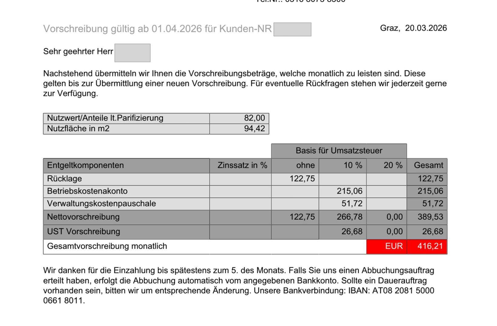 Monatliche Vorschreibung