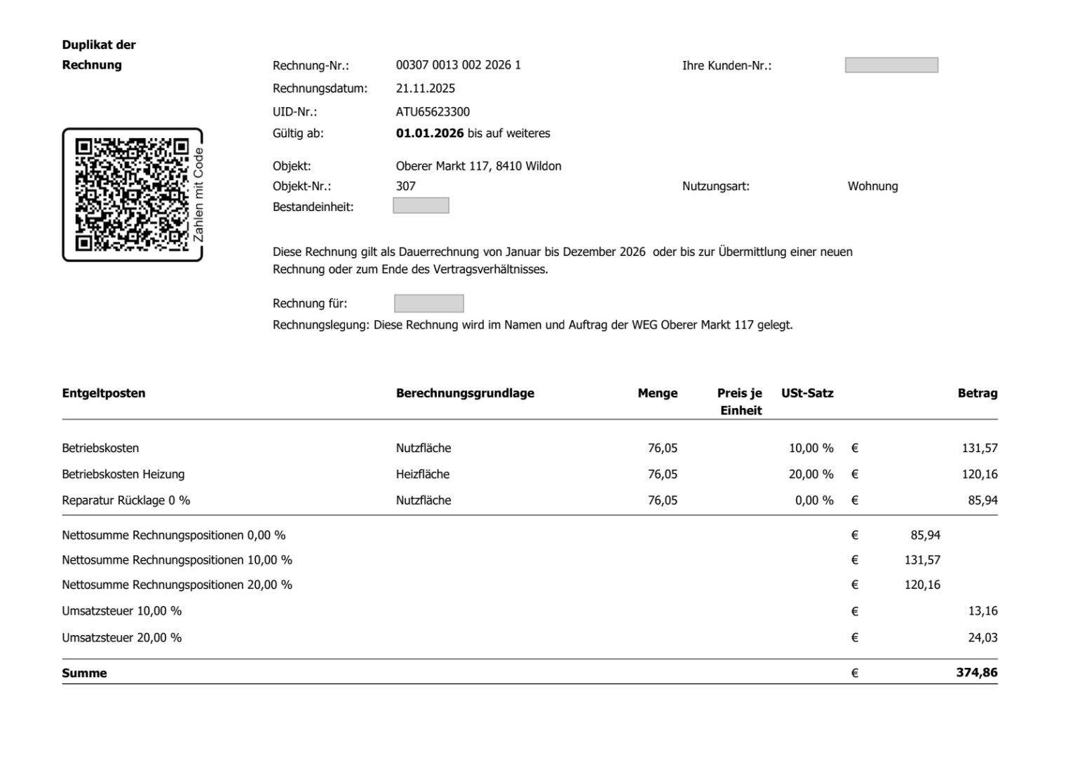 Monatliche Vorschreibung