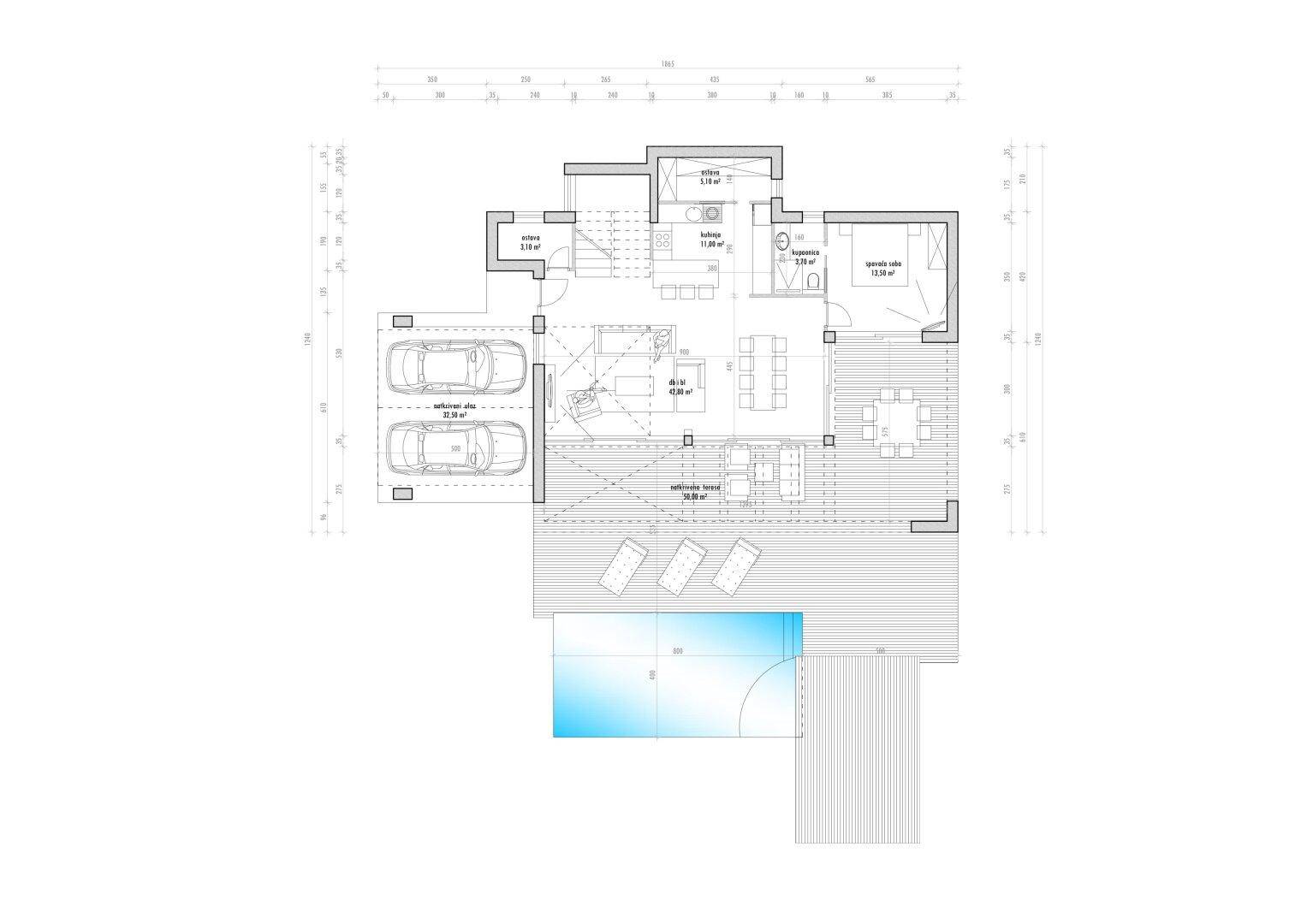 Grundriss des Erdgeschosses mit offenem Wohnbereich, Küche, Esszimmer, Doppelgarage, großer Terrasse und Pool.