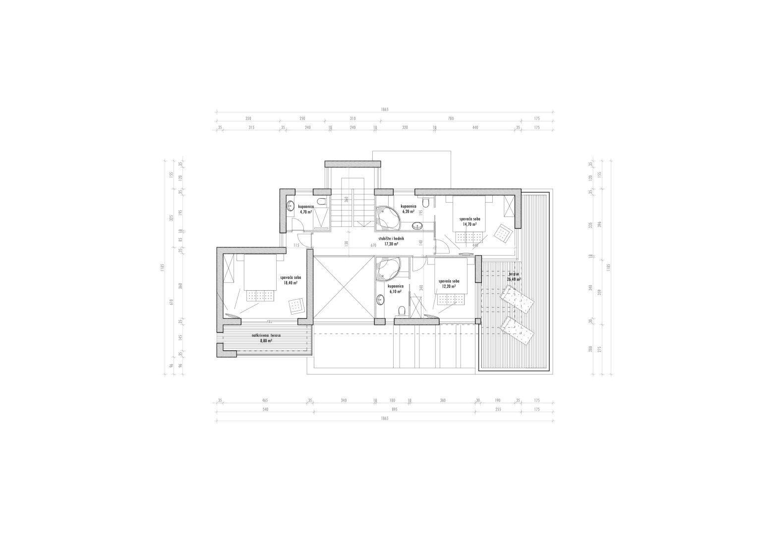 Grundriss des Obergeschosses mit mehreren Schlafzimmern, Bädern, begehbarem Kleiderschrank und einer weiteren Terrasse.
