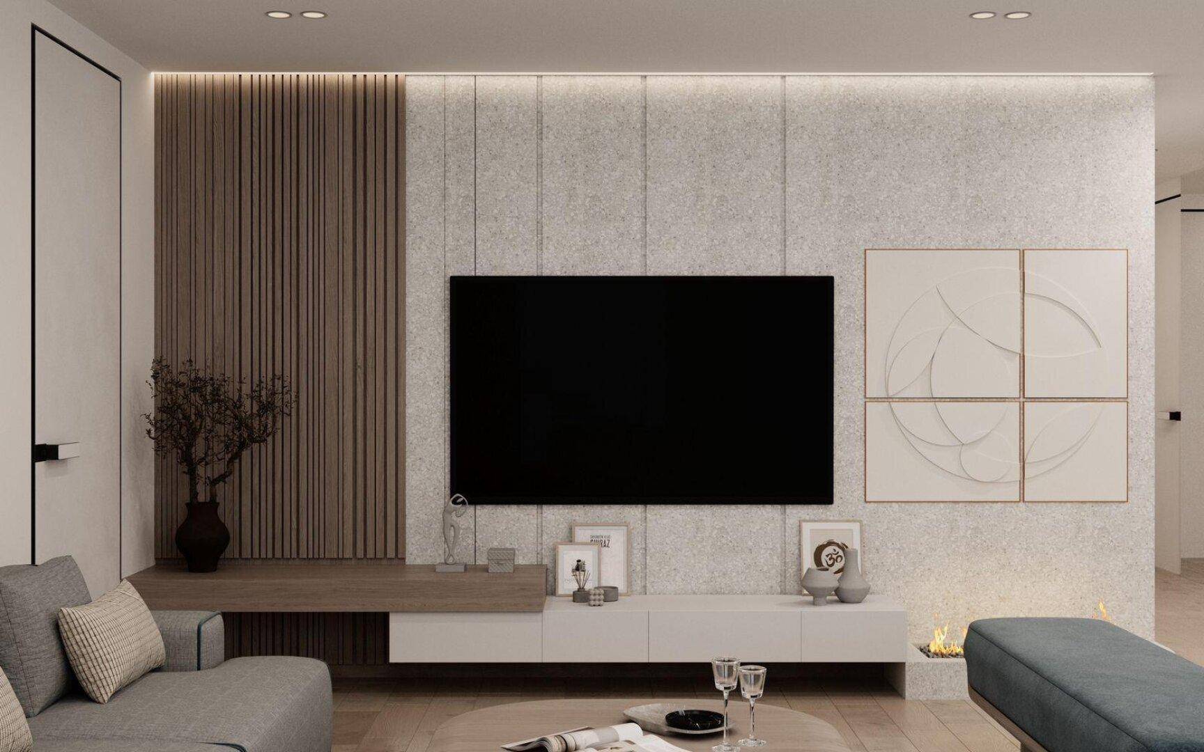 Modernes Wohnzimmer mit TV-Wand, integriertem Kamin und stilvoller Beleuchtung.