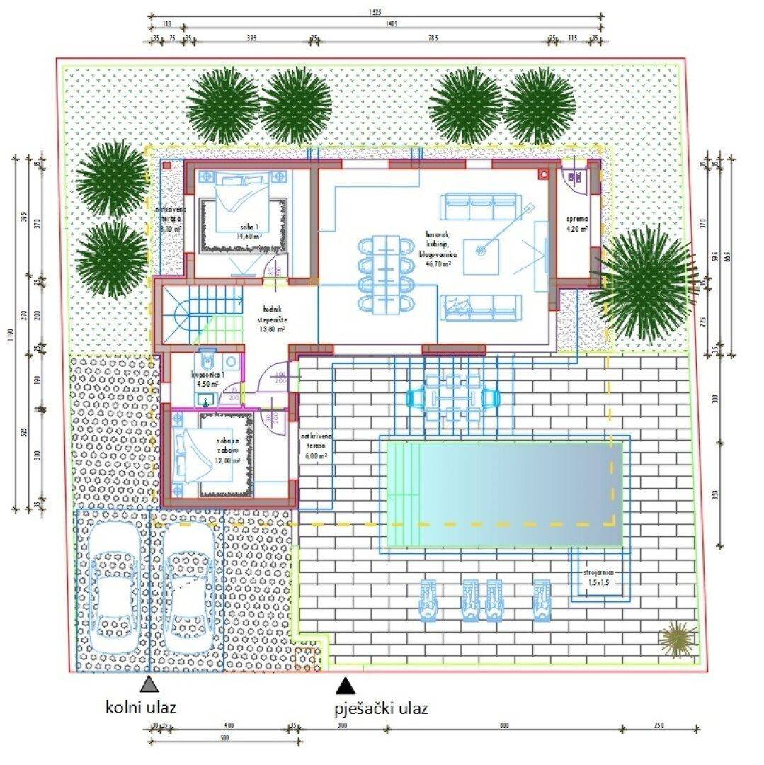 Grundriss des Erdgeschosses mit offenem Wohnbereich, Schlafzimmer, Bad, Pool und Außenküche.