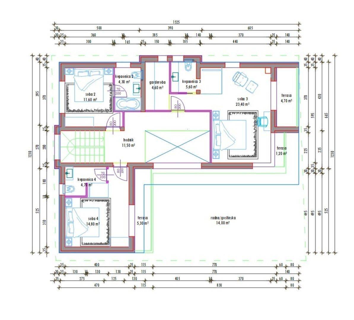Grundriss des Obergeschosses mit mehreren Schlafzimmern, Bädern, Ankleidezimmer und Zugang zu Terrassen.