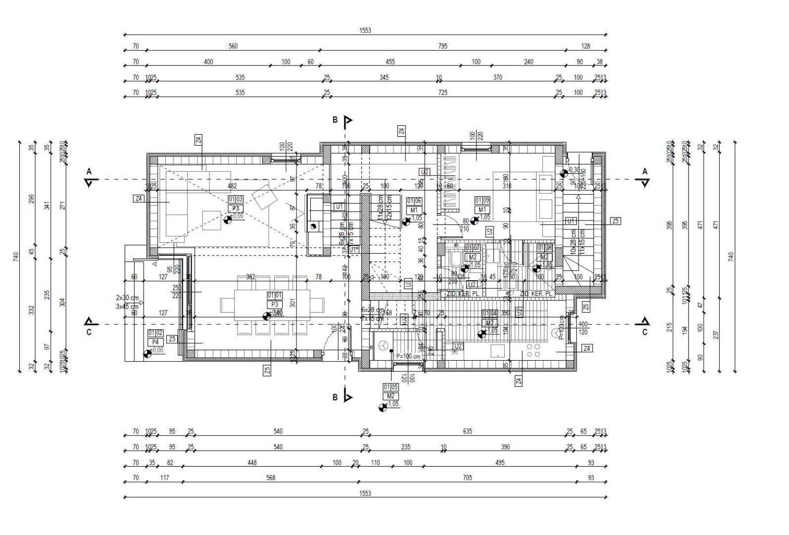 Detaillierter Grundriss des Erdgeschosses mit Wohnbereichen und Außenmaßen.