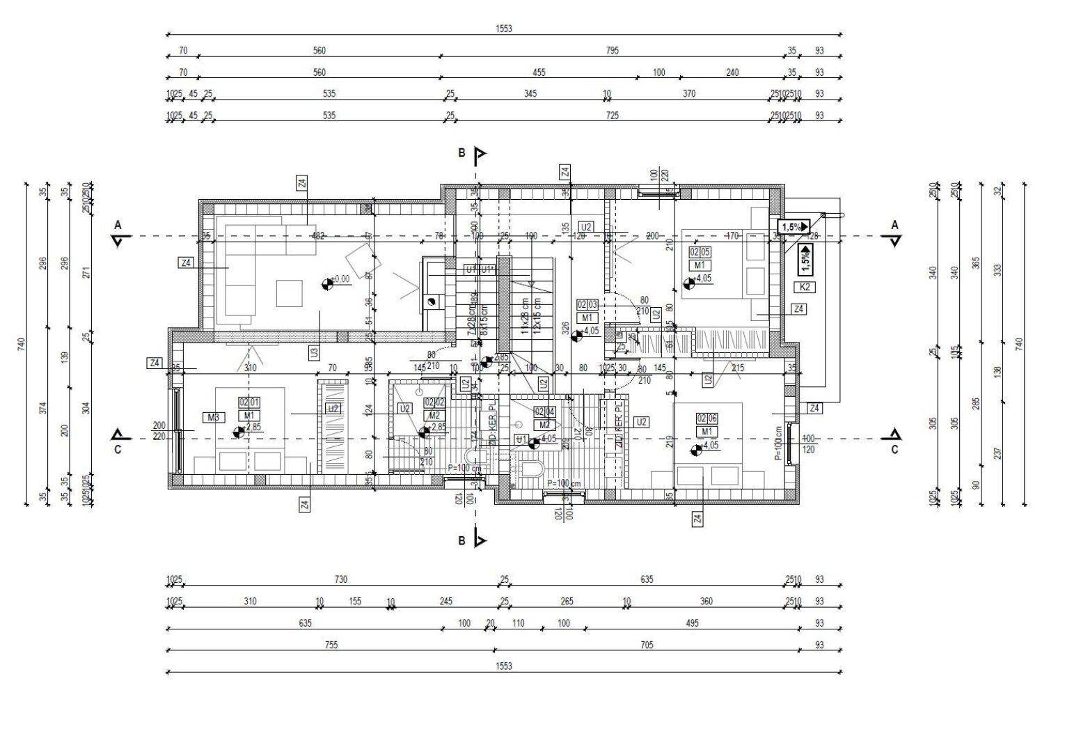 Grundriss des Obergeschosses mit Schlafzimmern, Bädern und Balkonzugängen.