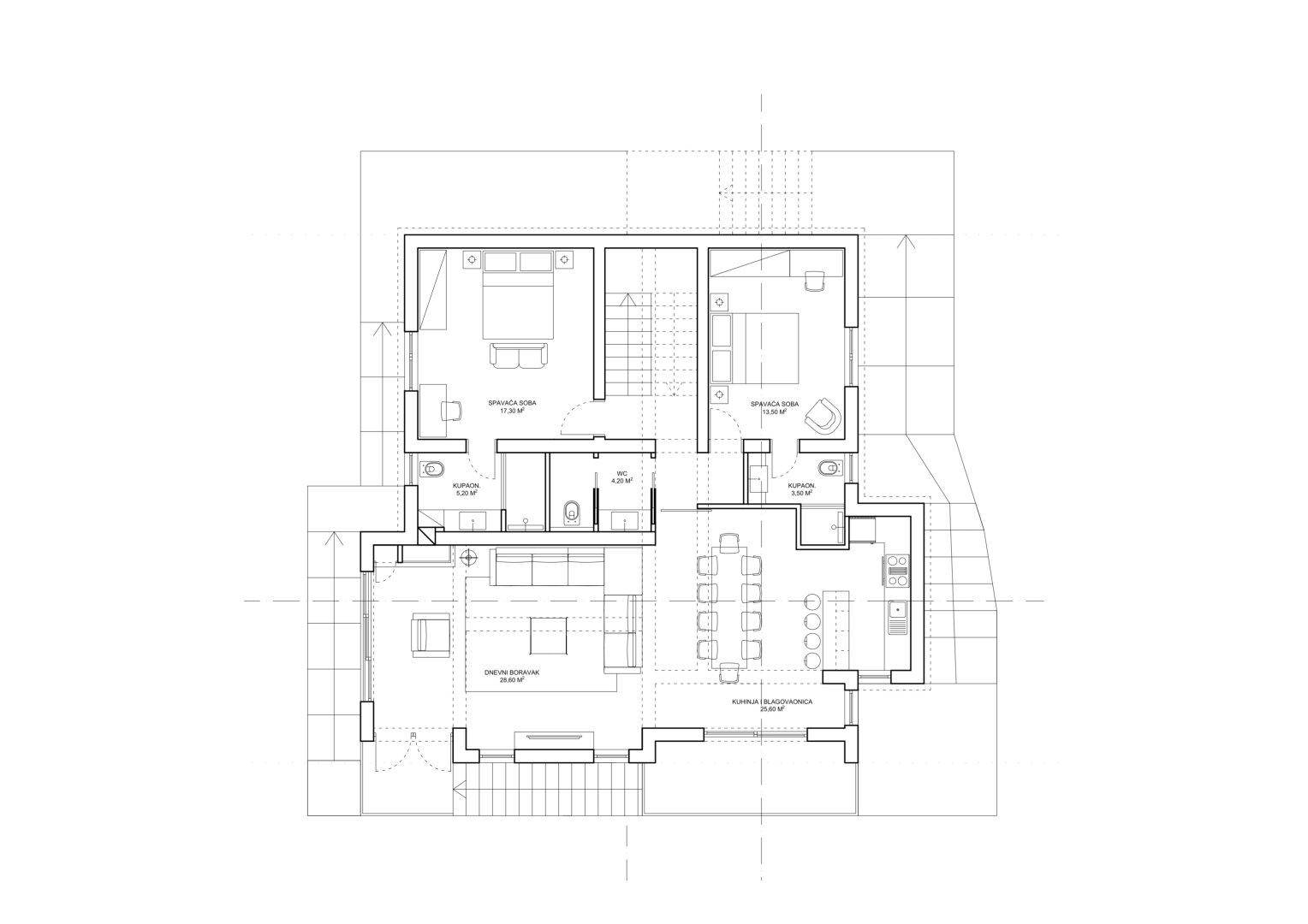 Grundriss des Obergeschosses mit zwei Schlafzimmern, Bädern und offenem Wohnbereich.