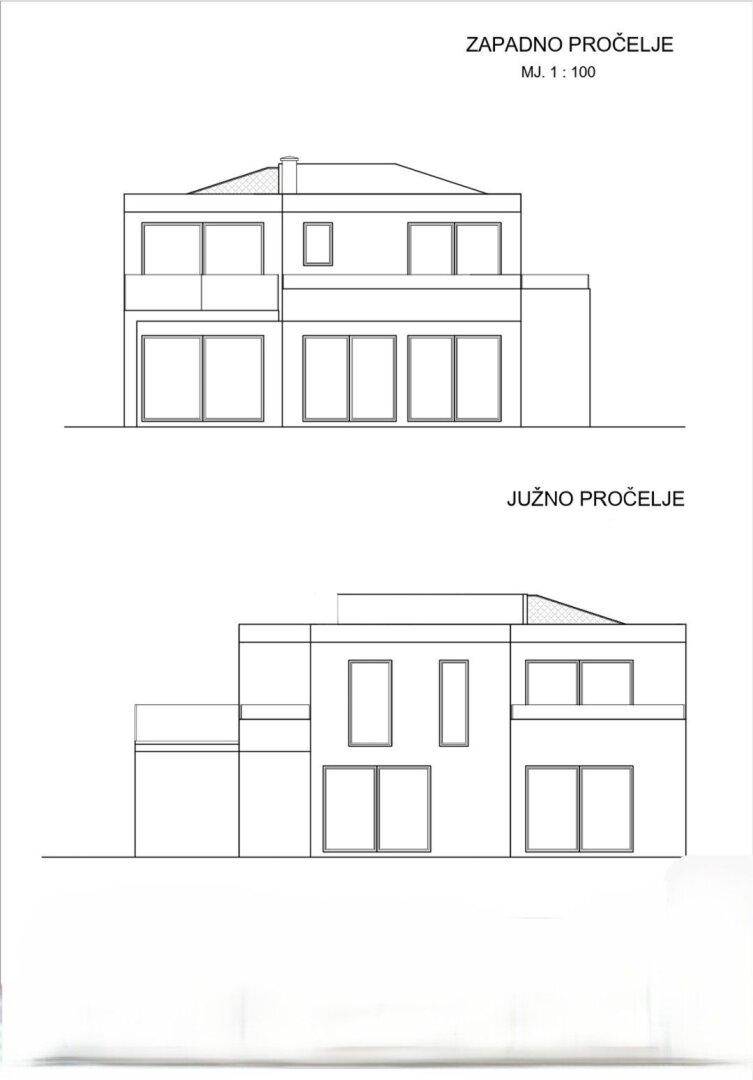 Fassadenansichten des Gebäudes von Westen und Süden mit modernen Fensterfronten.