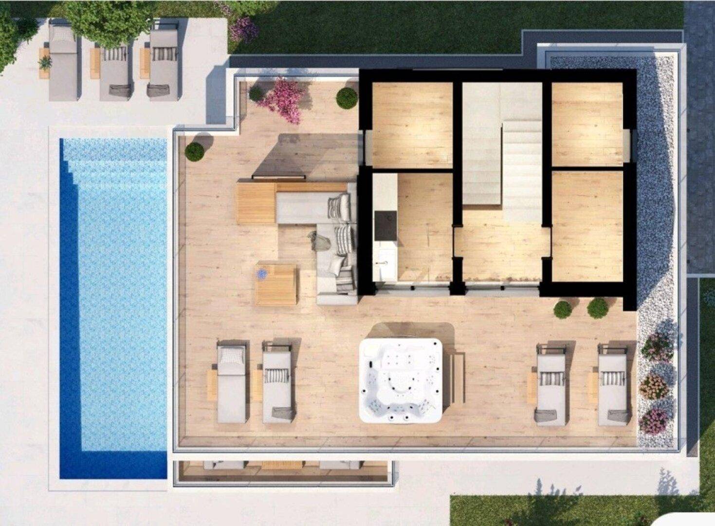 Grundriss des Obergeschosses mit großer Dachterrasse, Whirlpool und Zugang zum Poolbereich.