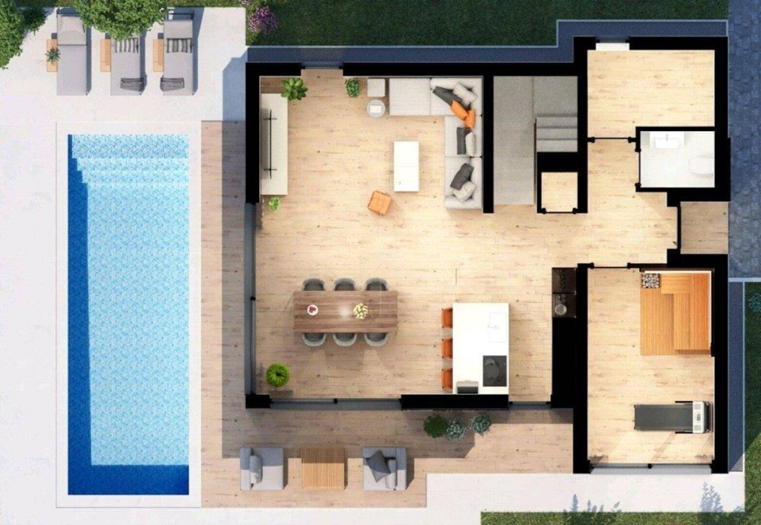 Grundriss des Erdgeschosses mit offenem Wohnbereich, Küche, Sauna und direktem Poolzugang zur Terrasse.