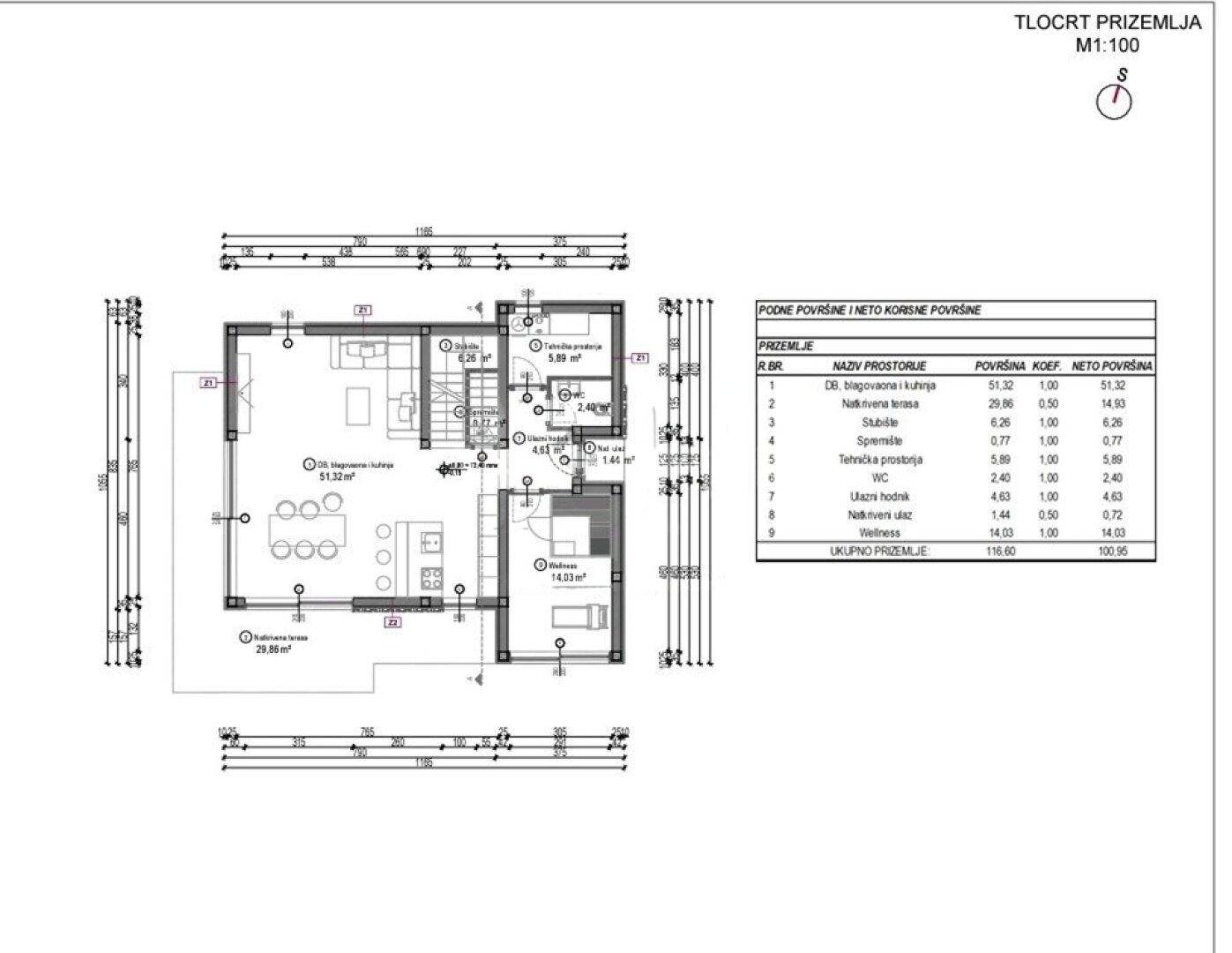 Technischer Grundriss des Erdgeschosses mit detaillierten Raummaßen und Flächenangaben für die Villa.
