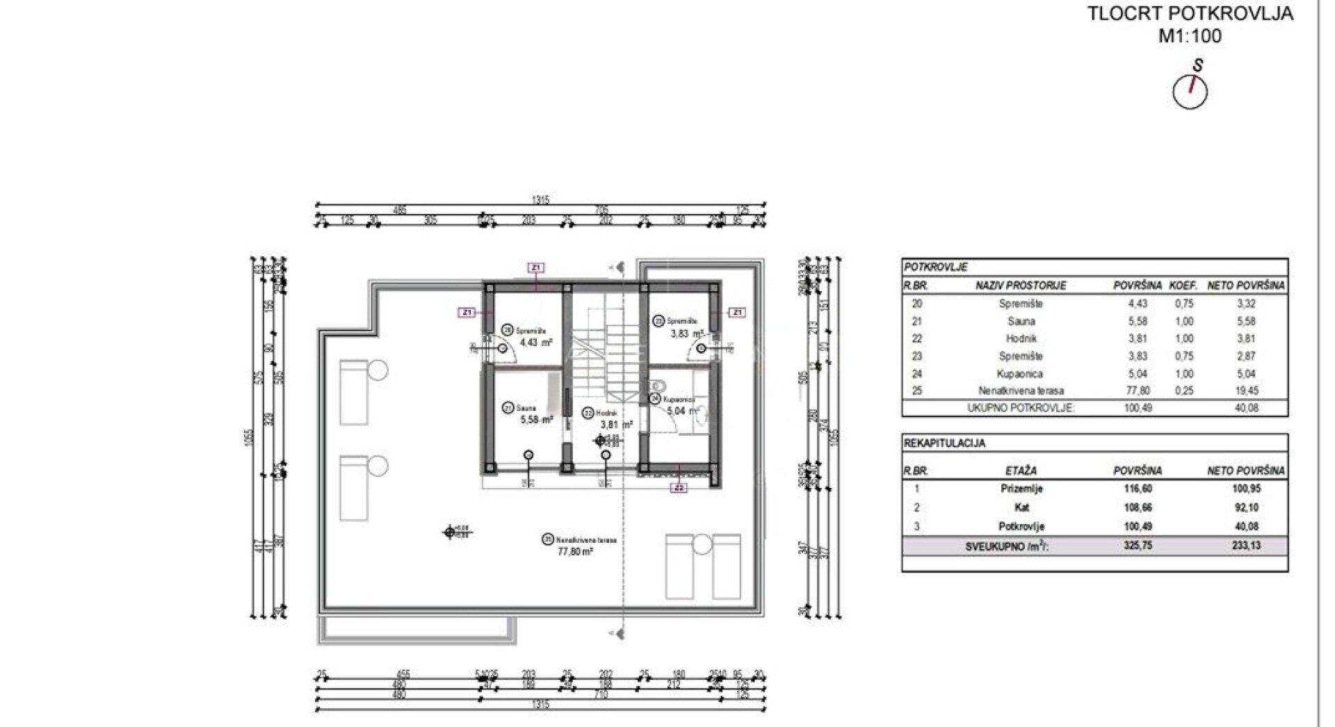 Technischer Grundriss des Dachgeschosses mit großzügiger Dachterrasse, Sauna und Abstellräumen.