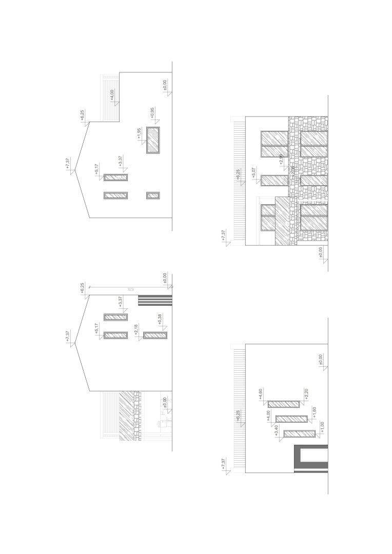 Fassadenansichten des Gebäudes von verschiedenen Seiten mit Fensterdetails.