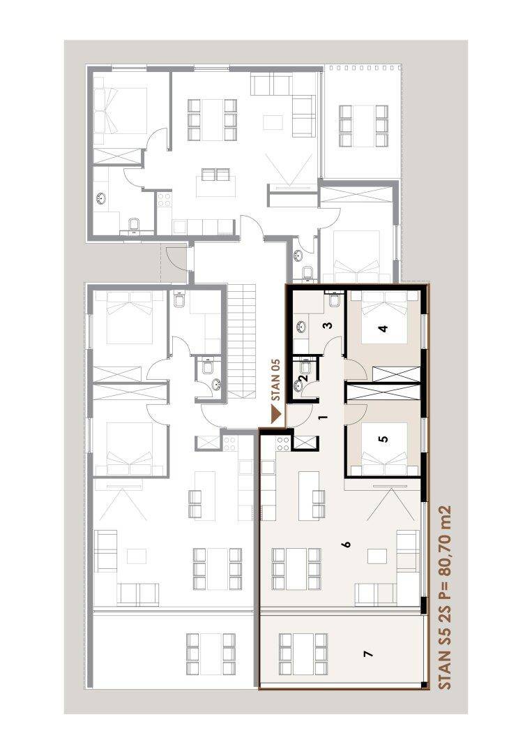 Grundrissplan einer Wohnung mit mehreren Zimmern und markiertem Bereich von 80,70 m².