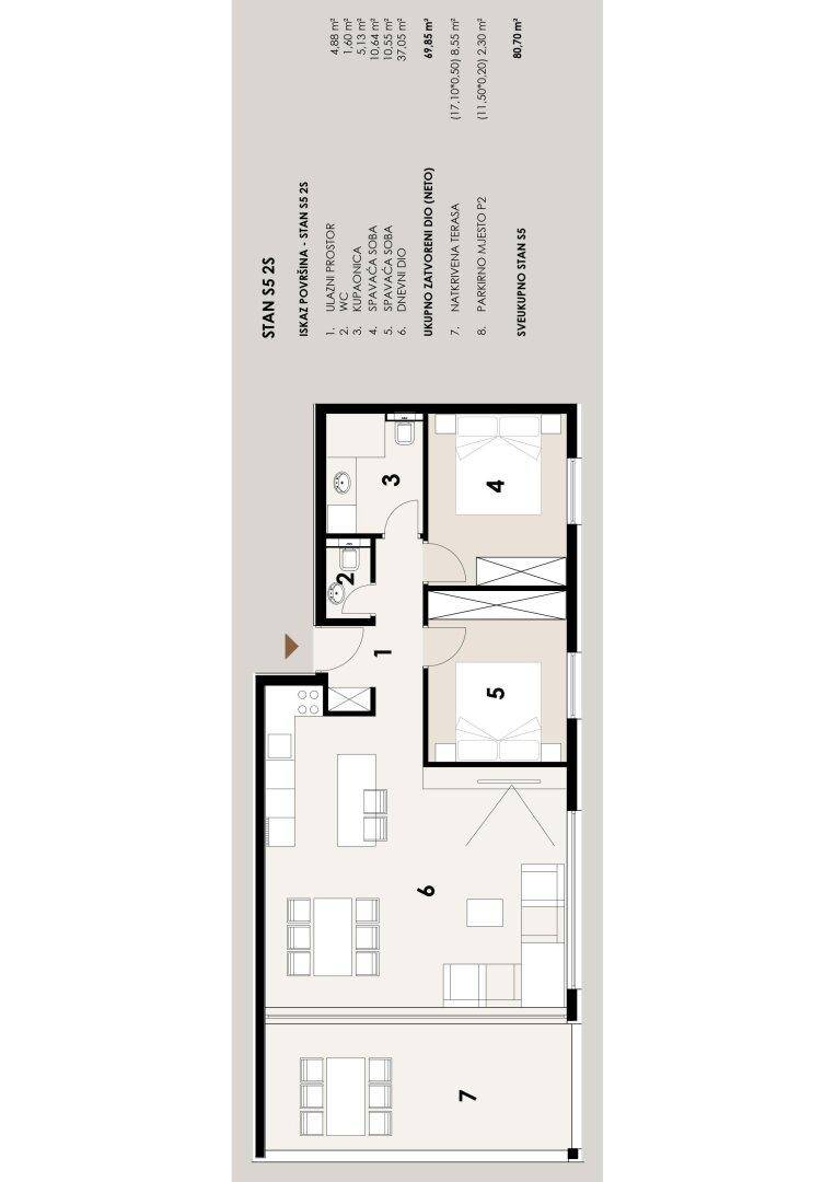 Detaillierter Grundriss einer Wohnung mit Zimmeraufteilung und Flächenangaben.