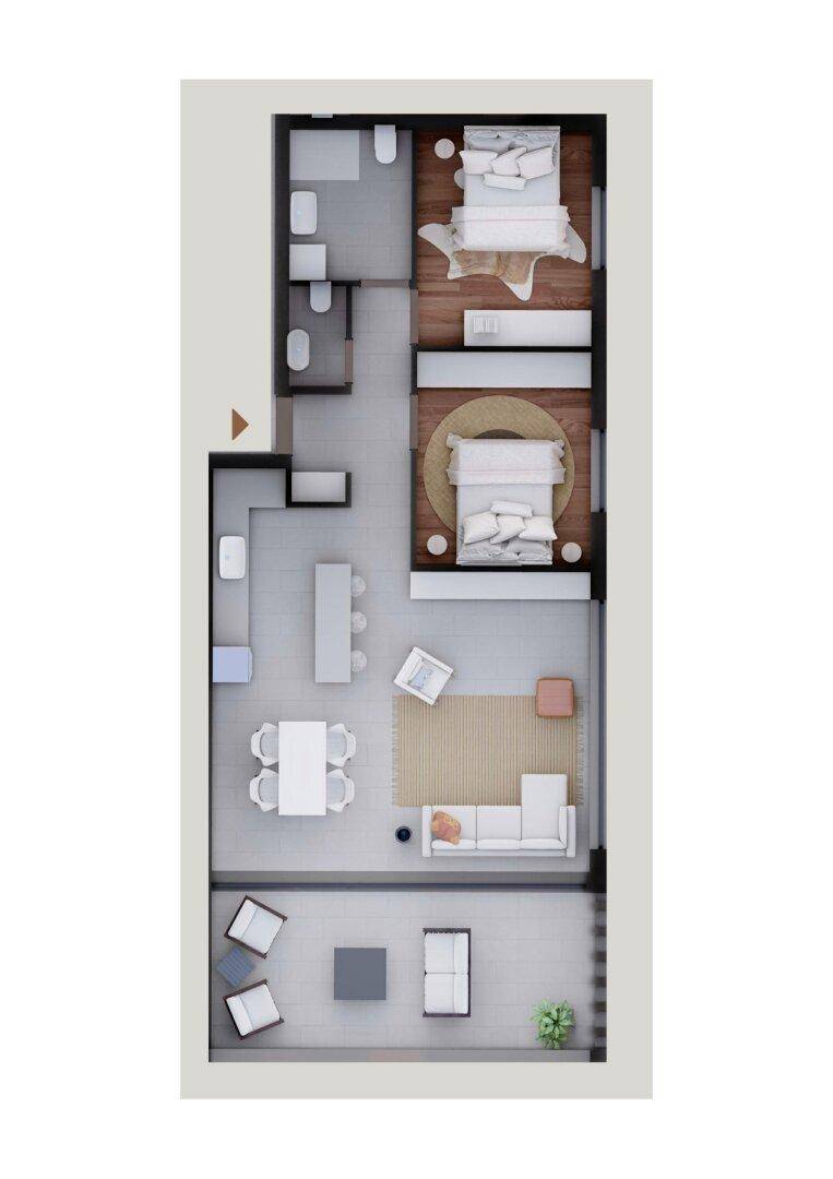 Detaillierter Grundriss einer Wohnung mit Schlafzimmern, Bad und offenem Wohnbereich.
