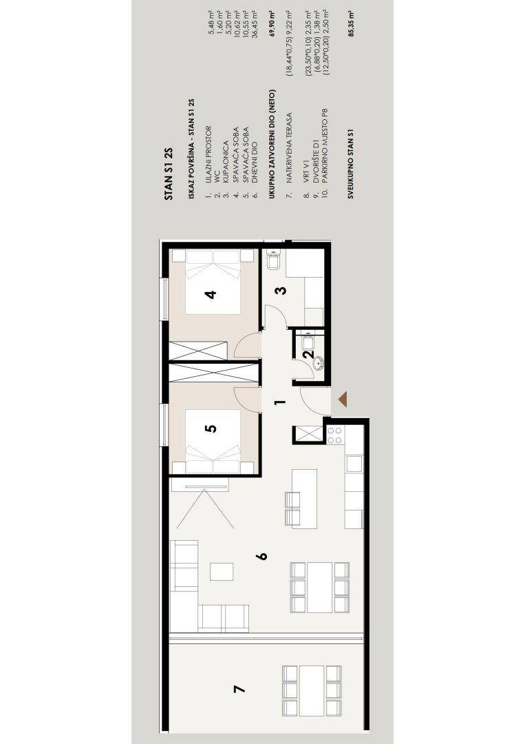 Detaillierter Grundriss einer Wohnung mit Flächenangaben und Raumaufteilung.